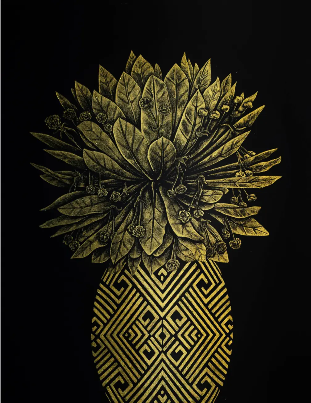 Frailejón — dibujo scratch en tinta litográfica y laminilla dorada